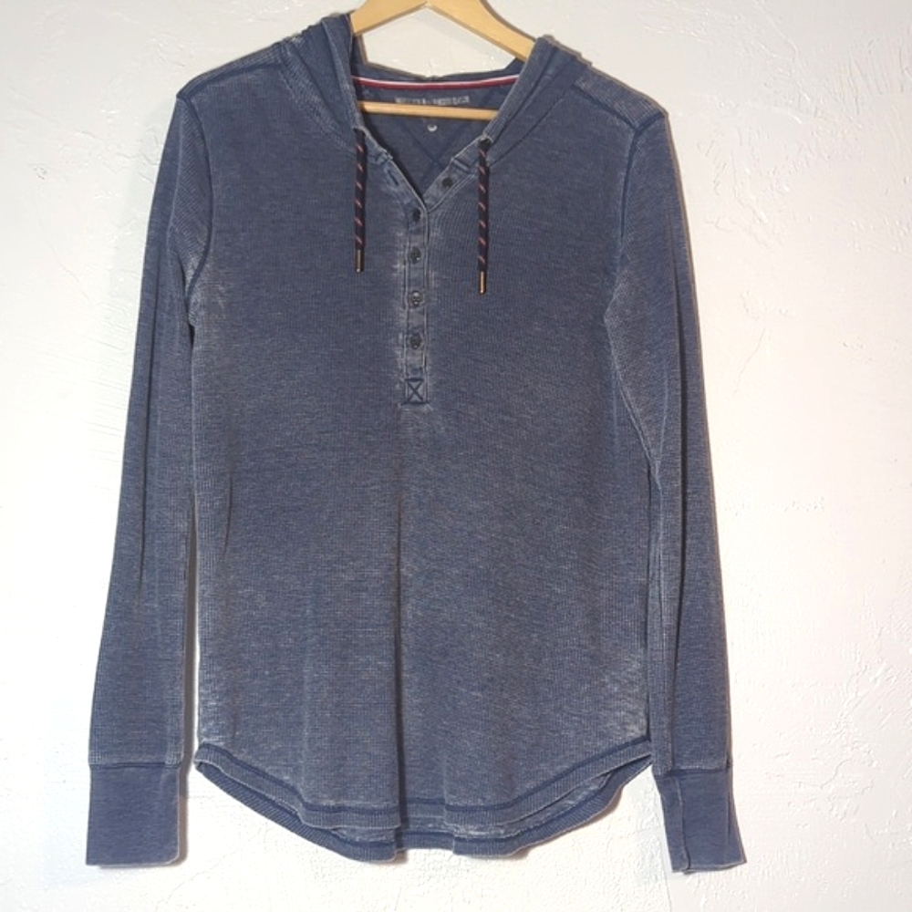 Tommy Hilfiger Waffle Knit Hooded Henley Long Sleeve Shirt Comfy Casual Basic